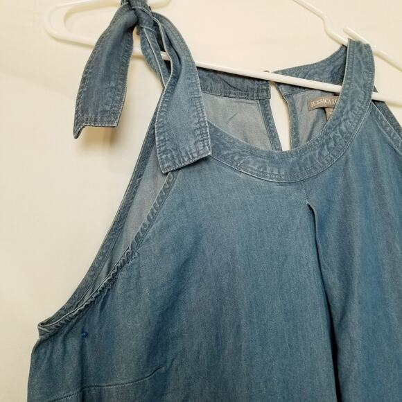 Jessica London Women's Denim Tie-Neck Midi Sun Dress Pleat Center Front Size16W - Picture 3 of 7